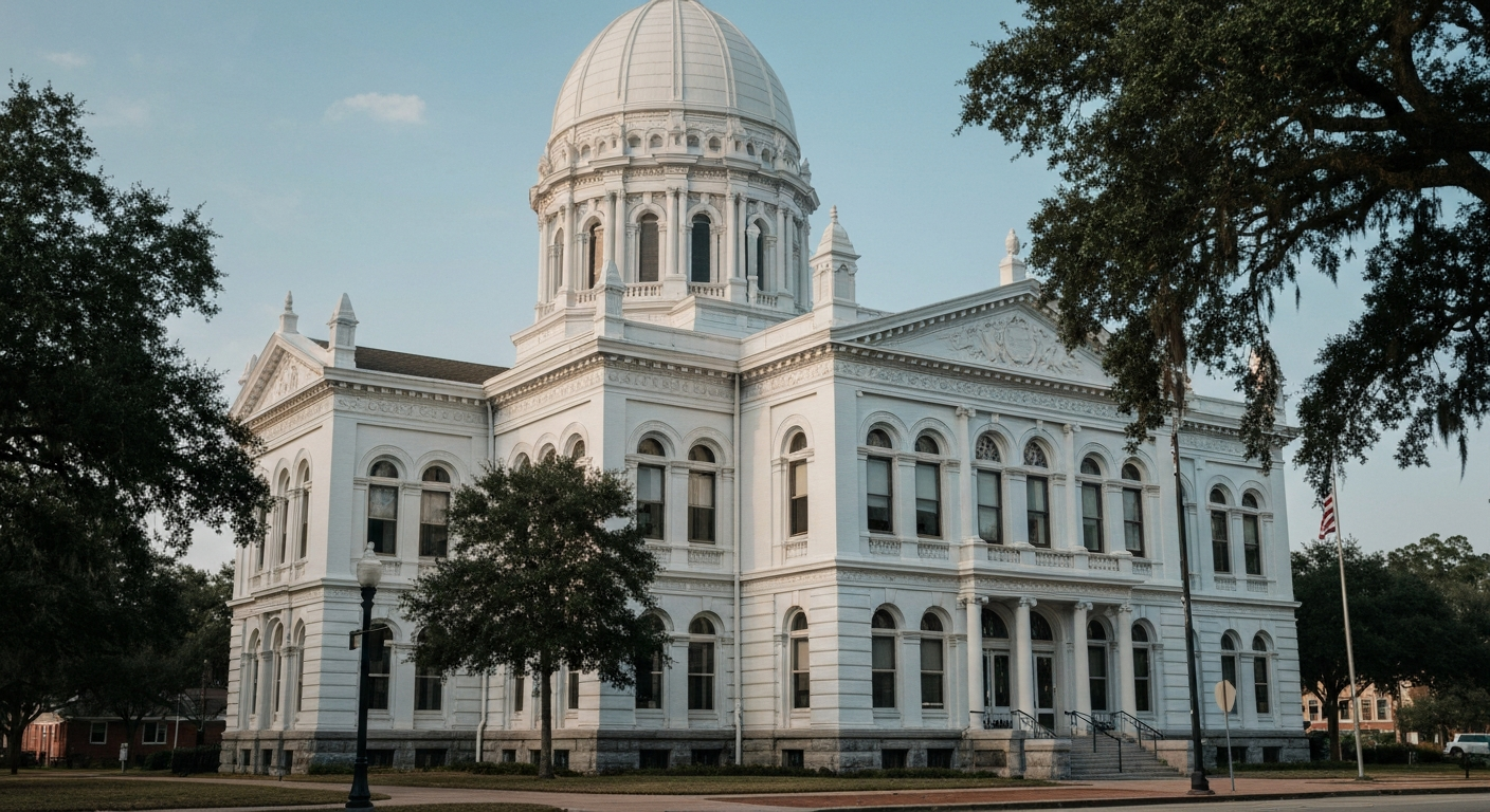 Stately Aiken County South Carolina courthouse exterior framed by live oaks in afternoon light