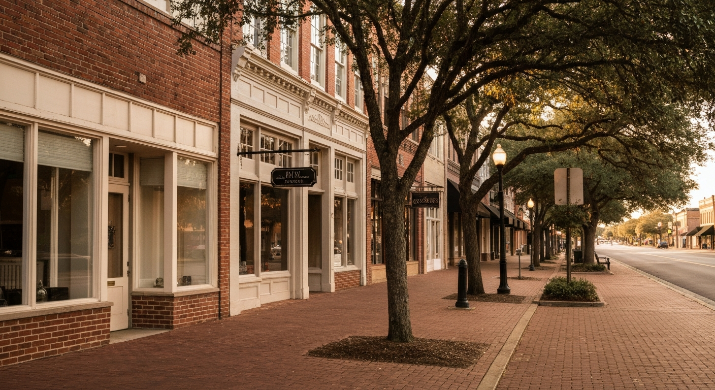 Historic Aiken South Carolina downtown street with restored brick storefronts under live oaks