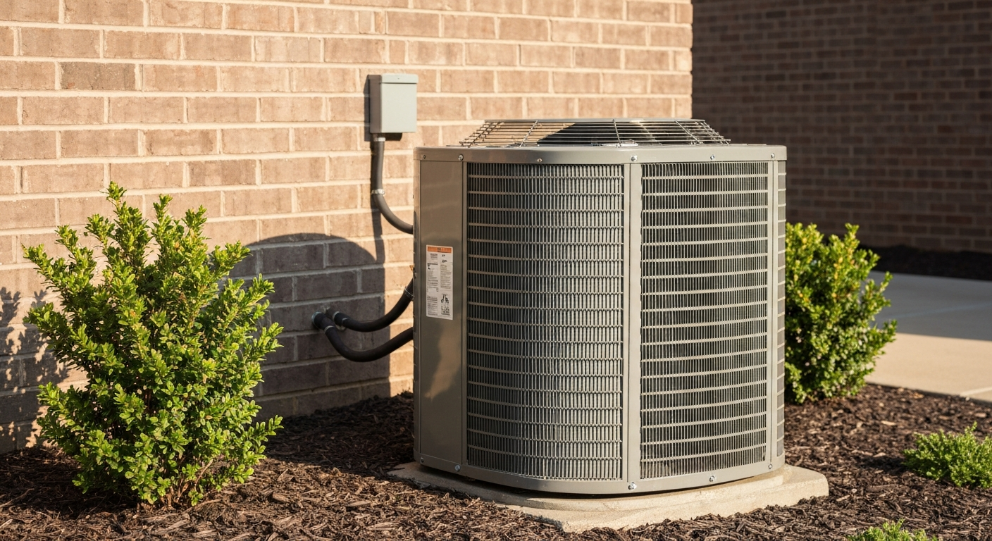 Clean outdoor HVAC condenser unit at the side of a brick home in warm summer light