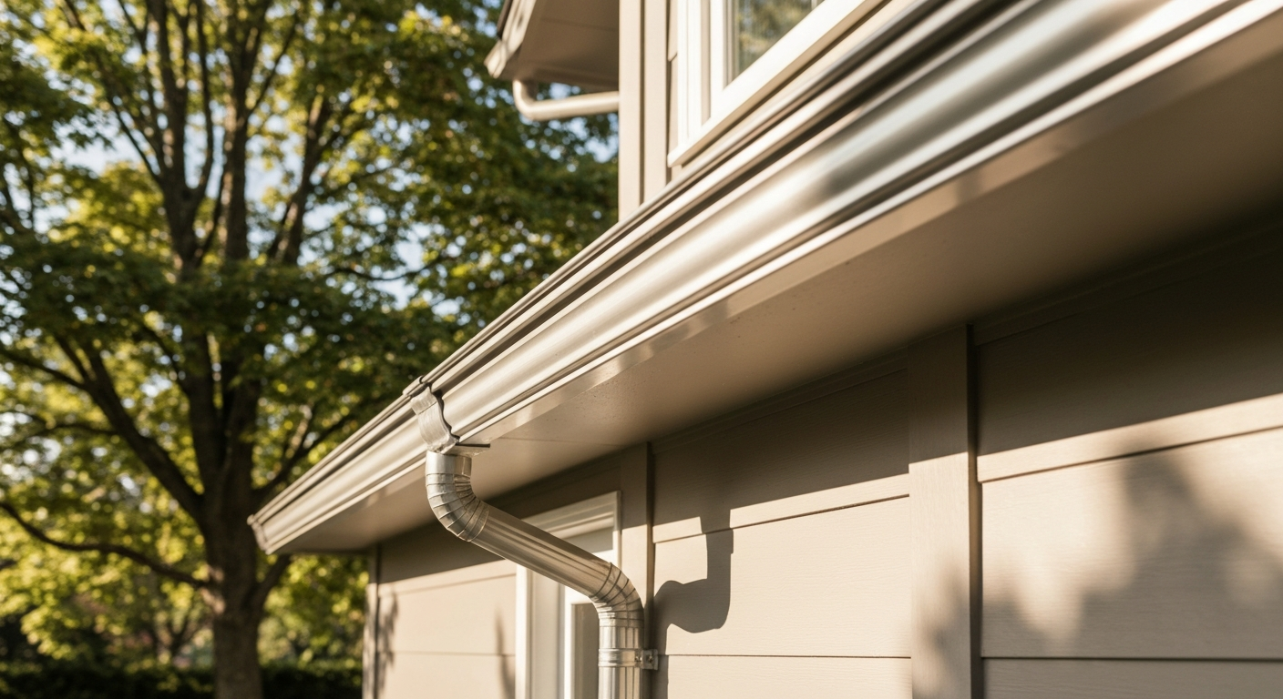 Clean rain gutter and downspout at the corner of a residential roofline in summer light