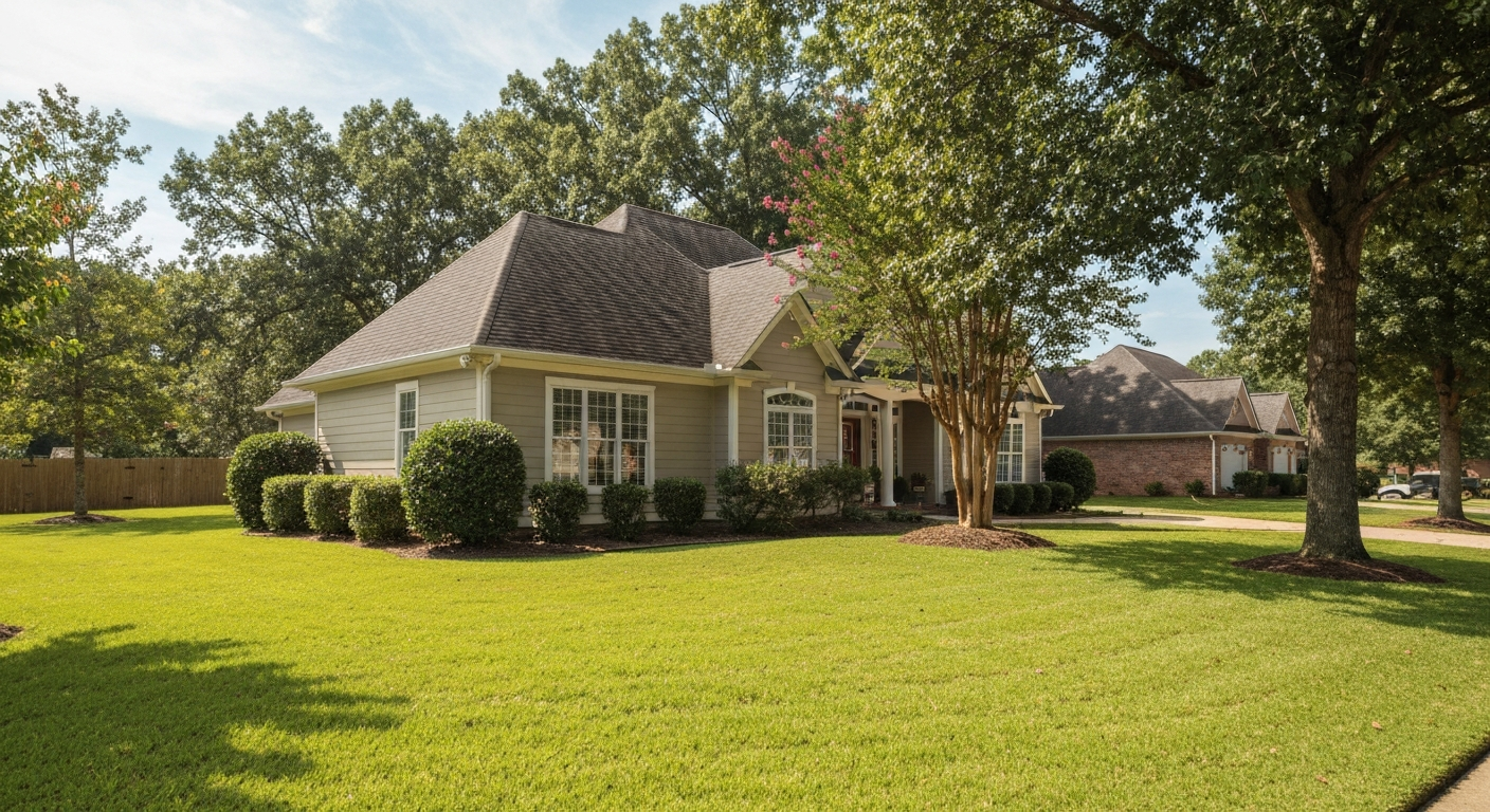 Well-maintained Southern single-family home on a bright summer day with clean gutters