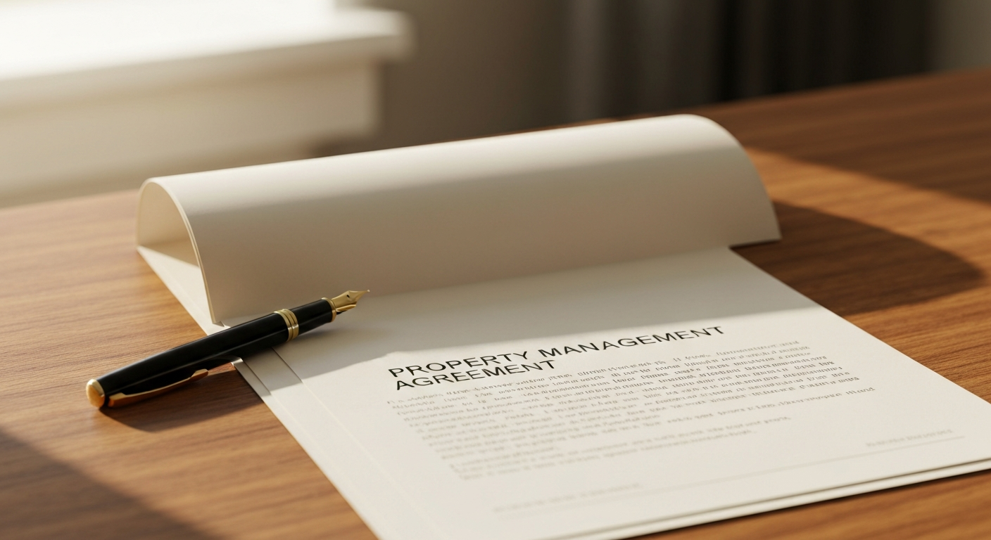 Property management agreement and fountain pen on warm wooden desk in natural window light