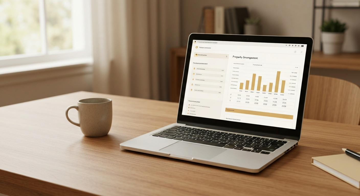 Laptop with clean financial dashboard on a wooden desk beside a coffee mug in warm window light