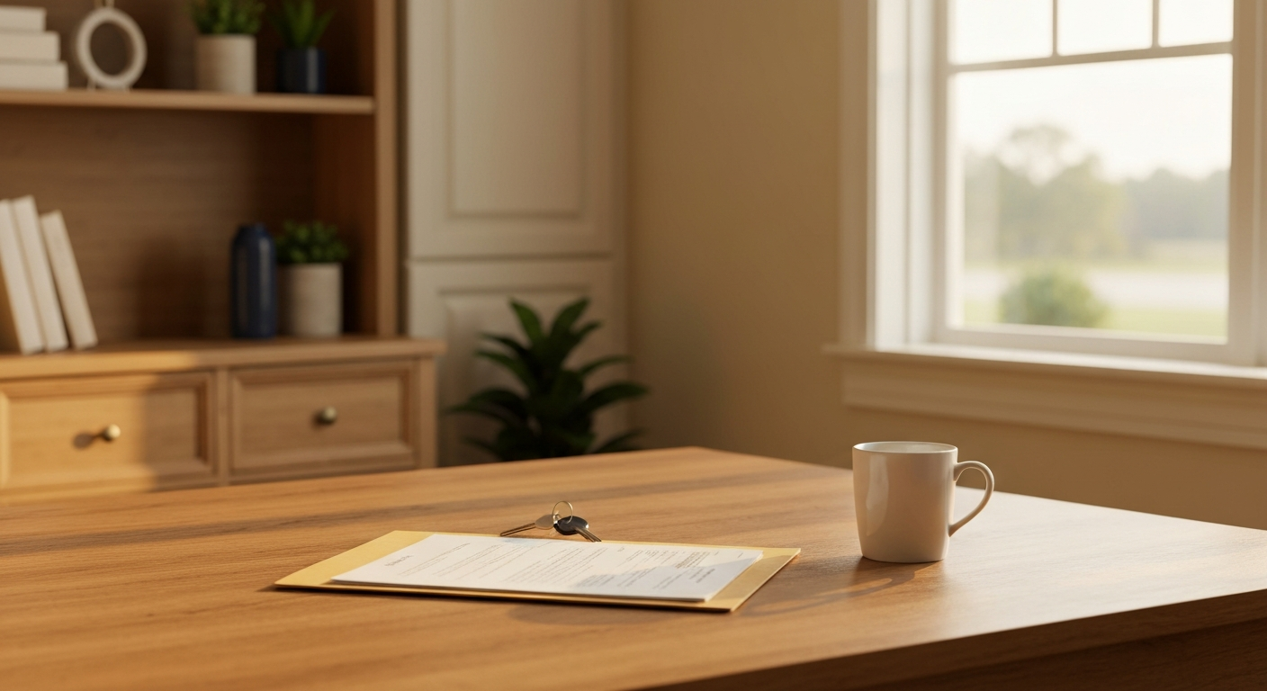 Warm home office desk with property management documents, house keys, and coffee in late-afternoon natural light