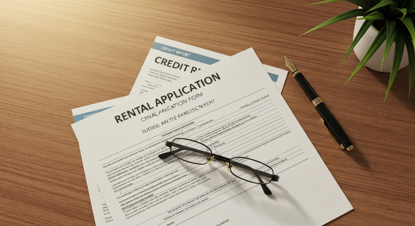 Rental application overlapping a credit report on a wooden desk with a fountain pen