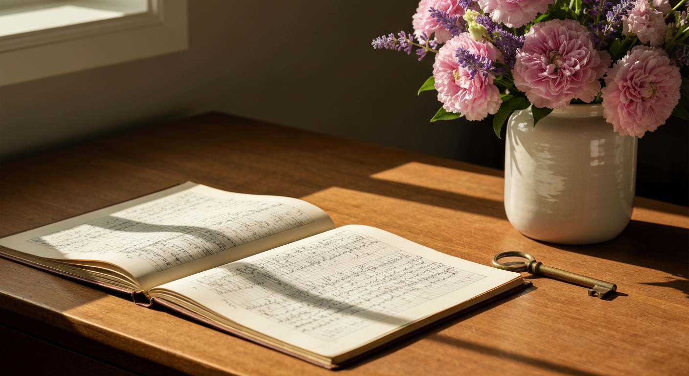 Open ledger book with a small model home and brass key in warm window light