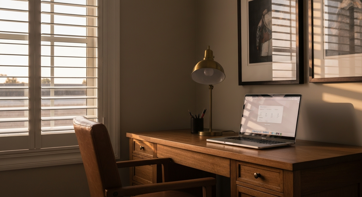 Warm home-office desk with a laptop and plantation-shuttered window in late afternoon light