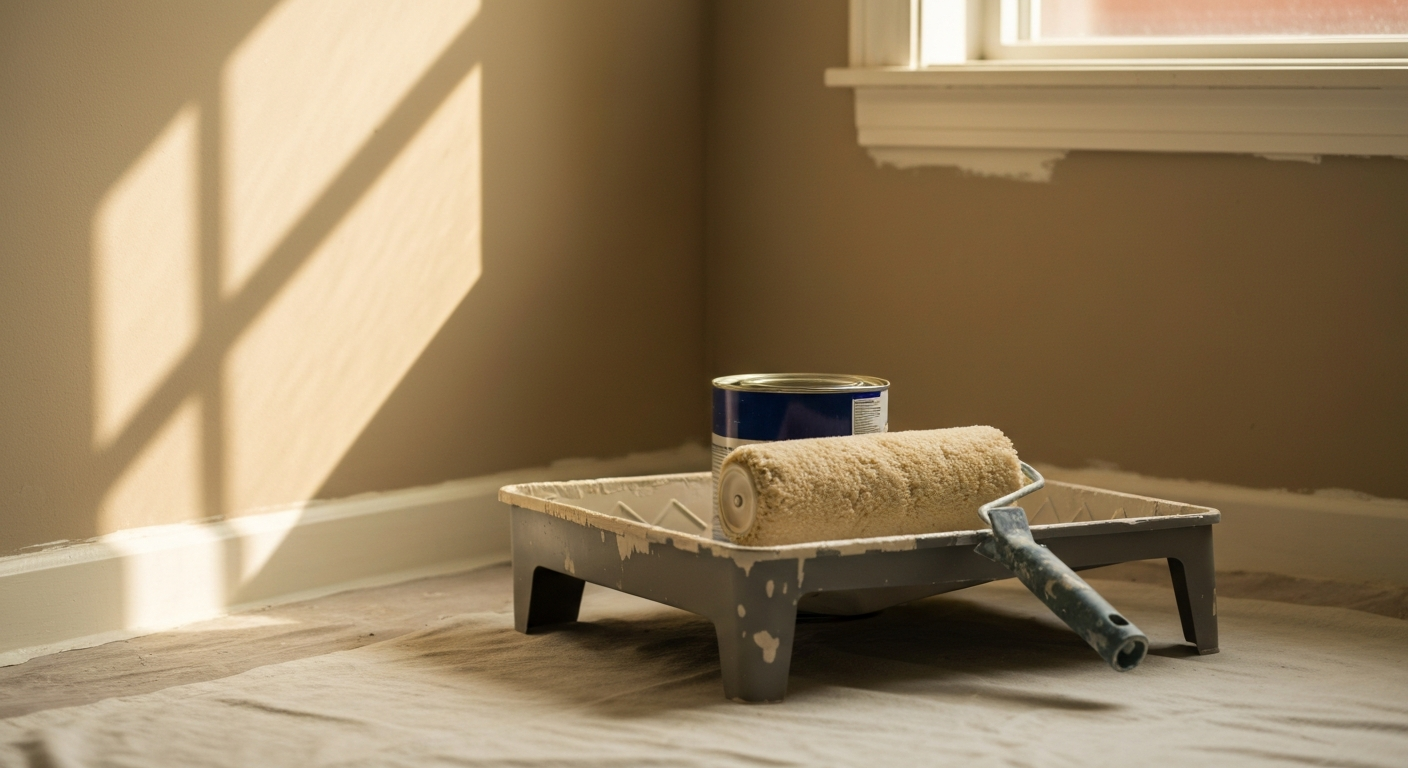 Paint roller resting on a paint tray on a drop cloth in a freshly painted room