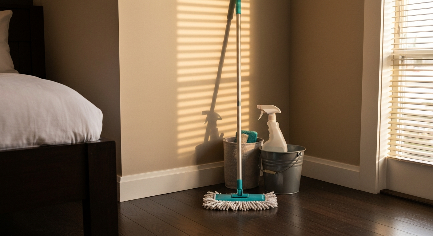 Neatly arranged cleaning kit on a hardwood floor in an empty rental room