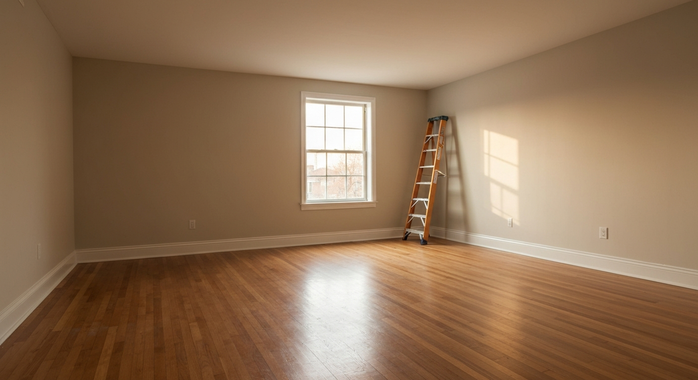 Empty freshly-prepared rental living room with a folded stepladder against one wall