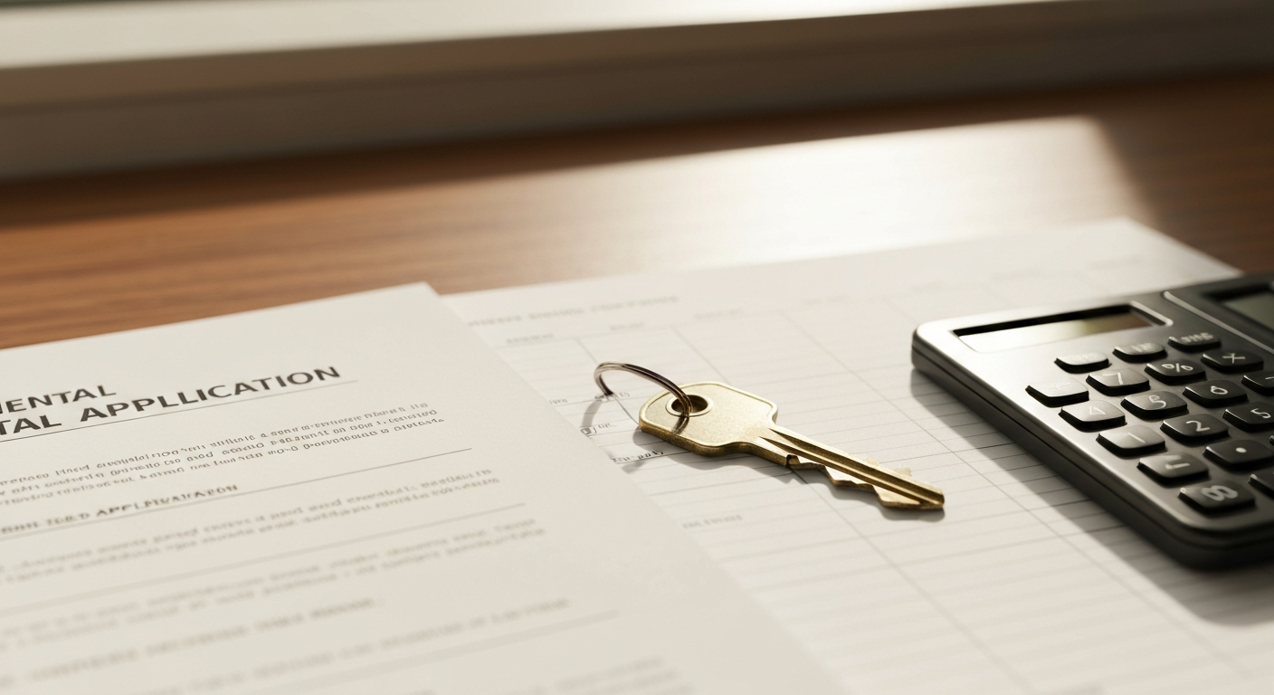 Close-up of a calculator rental application and brass house keys on a warm wood desk in natural light
