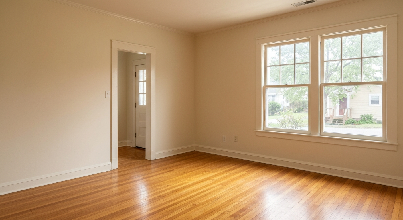 Freshly painted empty rental living room interior with hardwood floors and warm window light during property make-ready