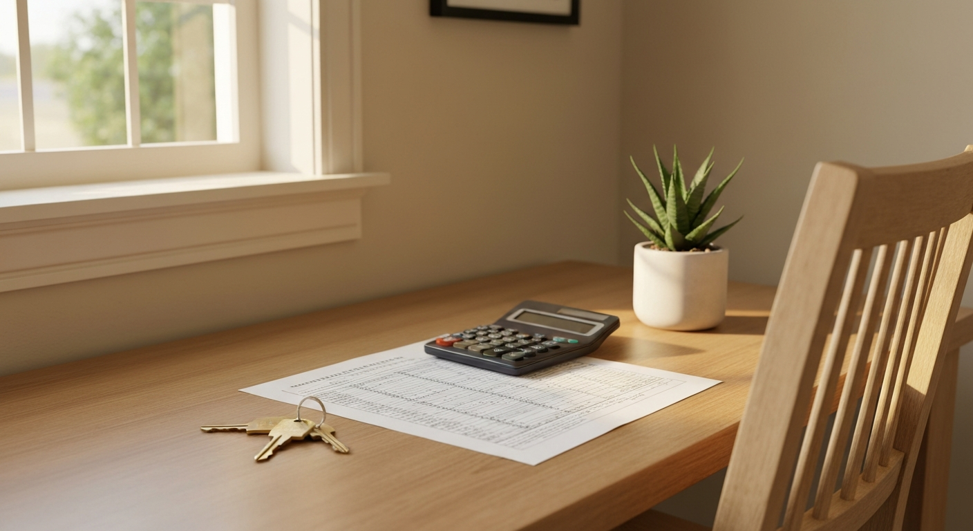 Home office desk with a calculator printed spreadsheets rental lease and brass house keys in warm morning light Augusta Georgia