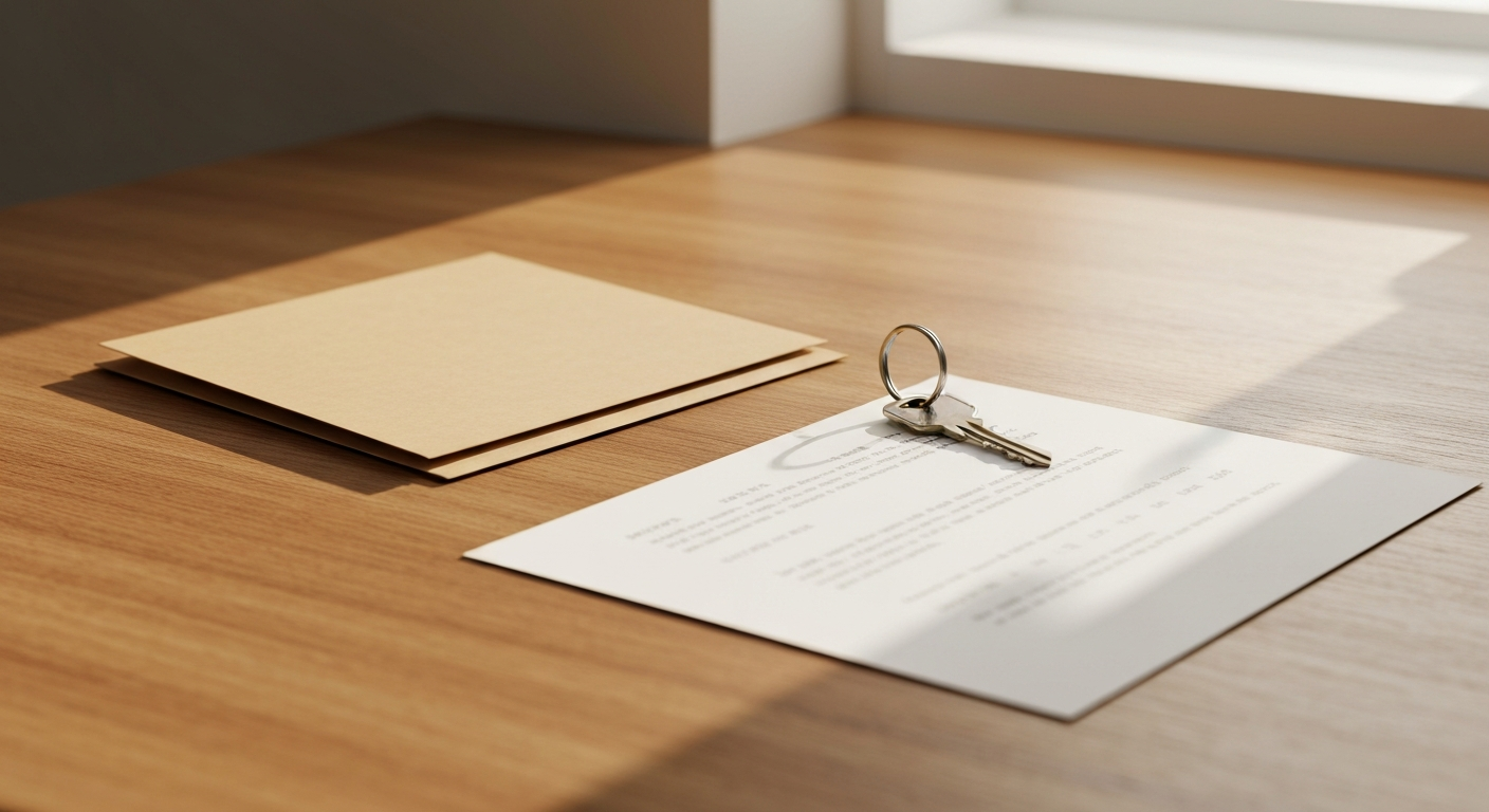 Clean wooden desk with manila folder house keys and printed document in warm afternoon window light