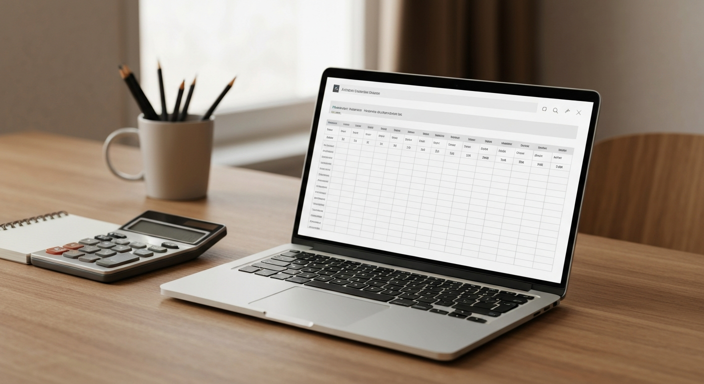 Open laptop showing financial spreadsheet on a wooden desk in warm home office light with calculator nearby