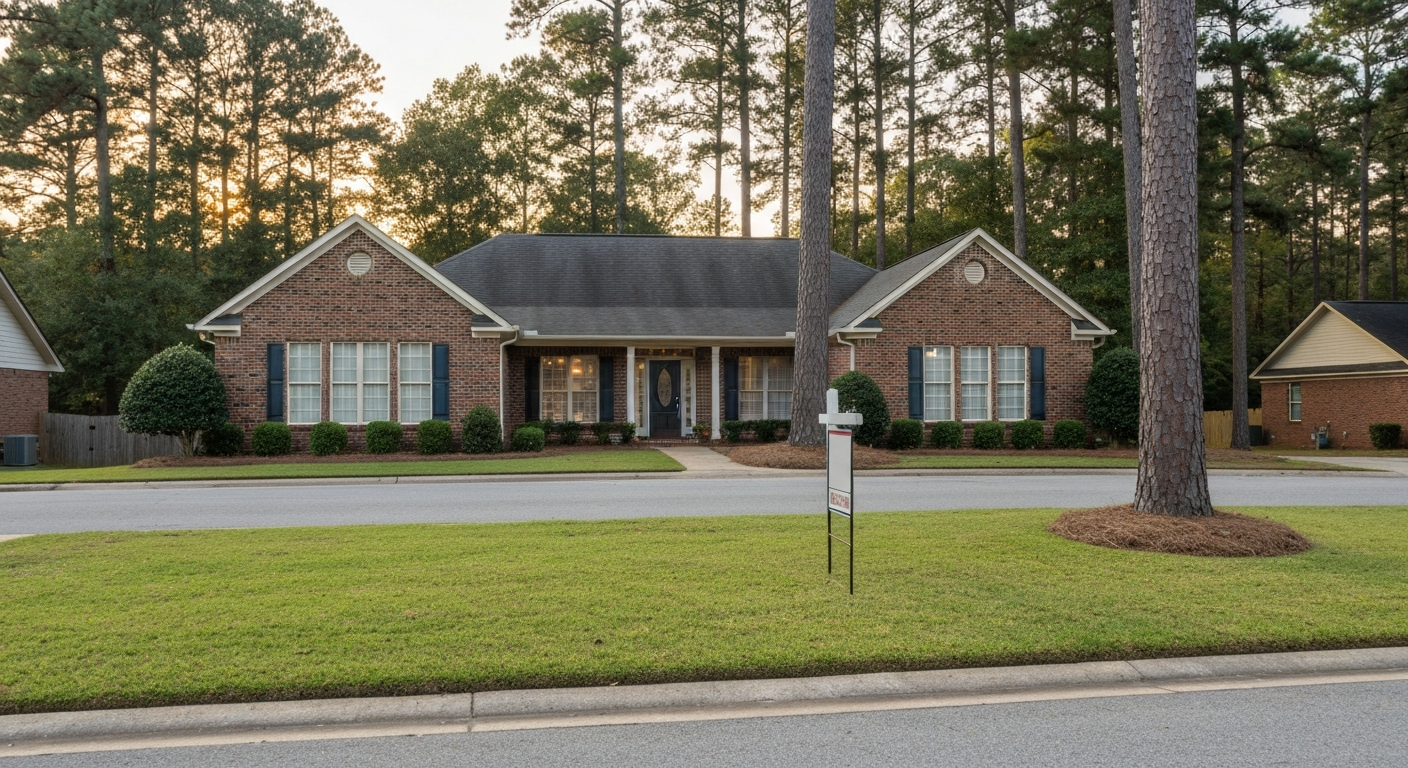 Brick ranch home on a tree-lined Evans Georgia residential street in late-afternoon golden hour light