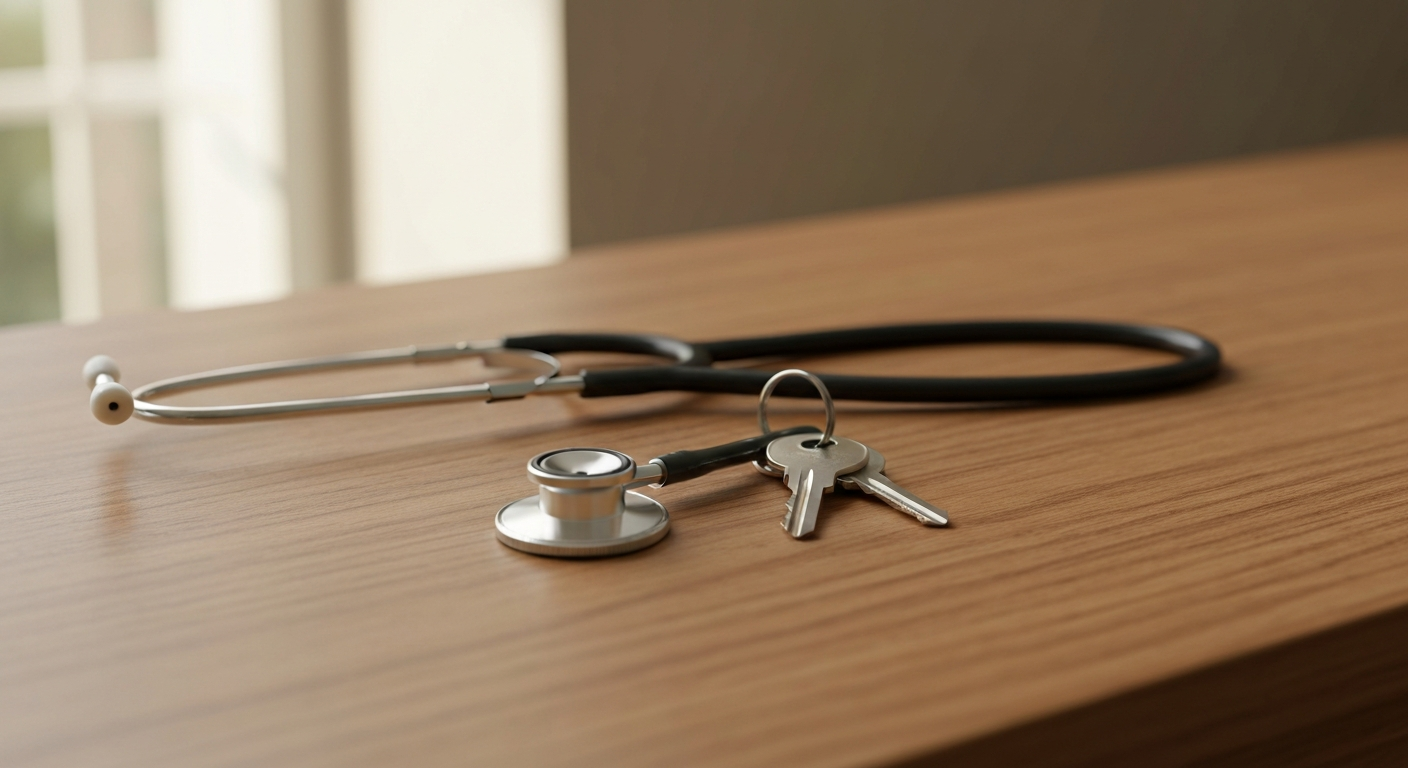 Stethoscope and house keys resting side by side on a warm oak wood desk surface with soft window light