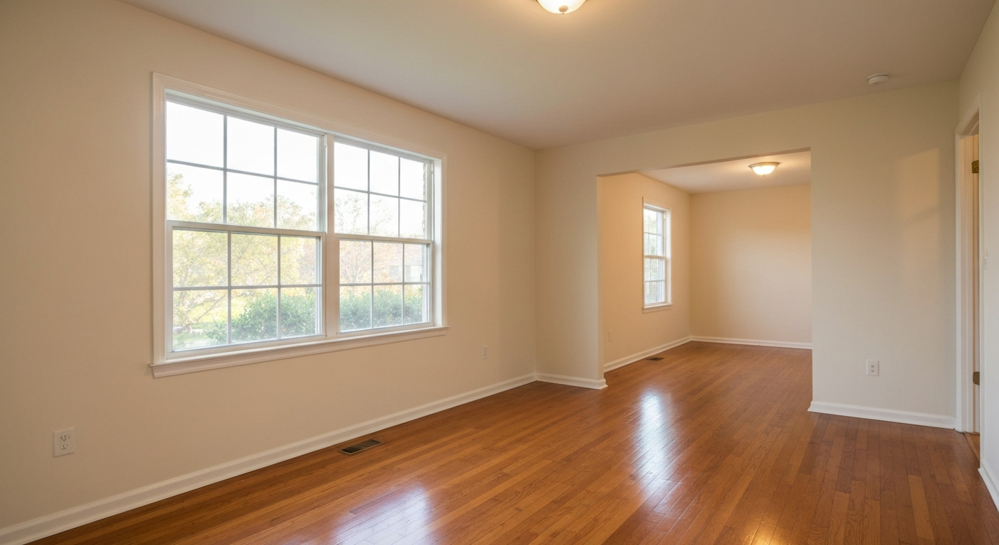 Empty freshly painted living room interior with warm hardwood floors and natural afternoon light through a large window