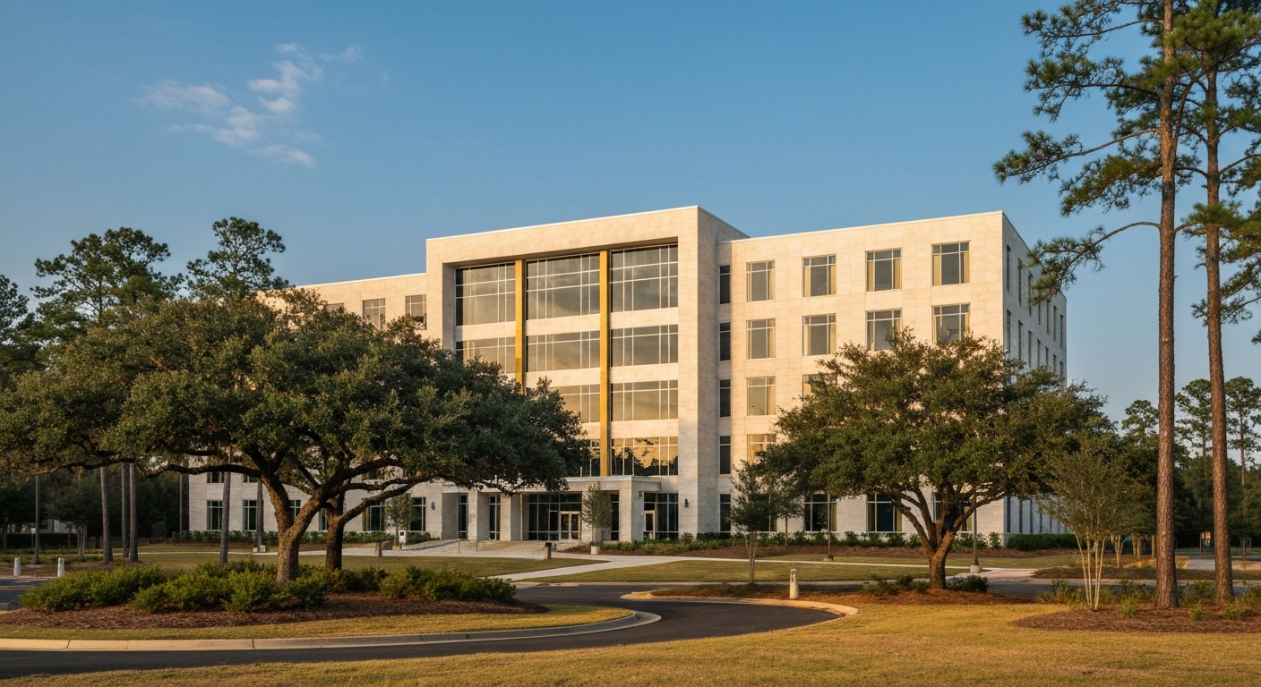 Modern six-story institutional building with stone and glass facade in a wooded suburban Southeastern landscape at golden hour