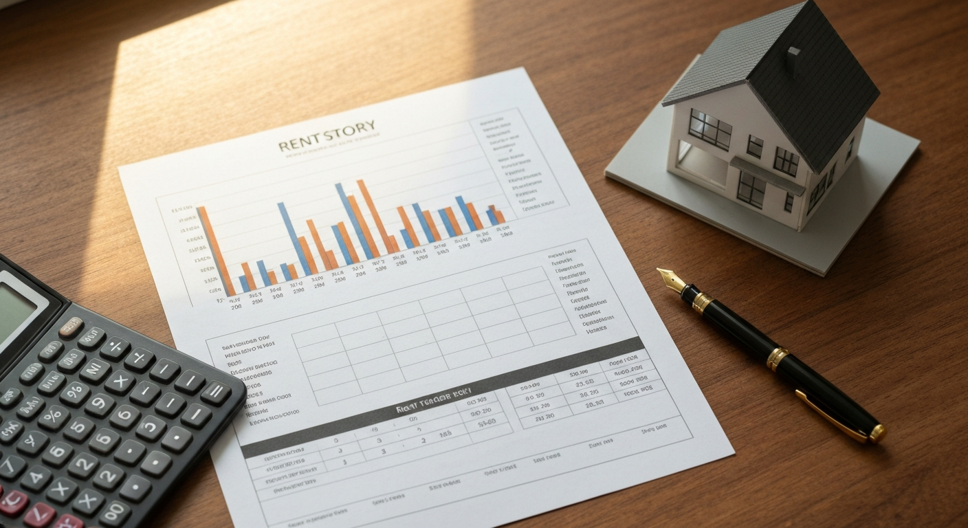 Rent-history-style chart with a calculator a pen and a small model home on a desk