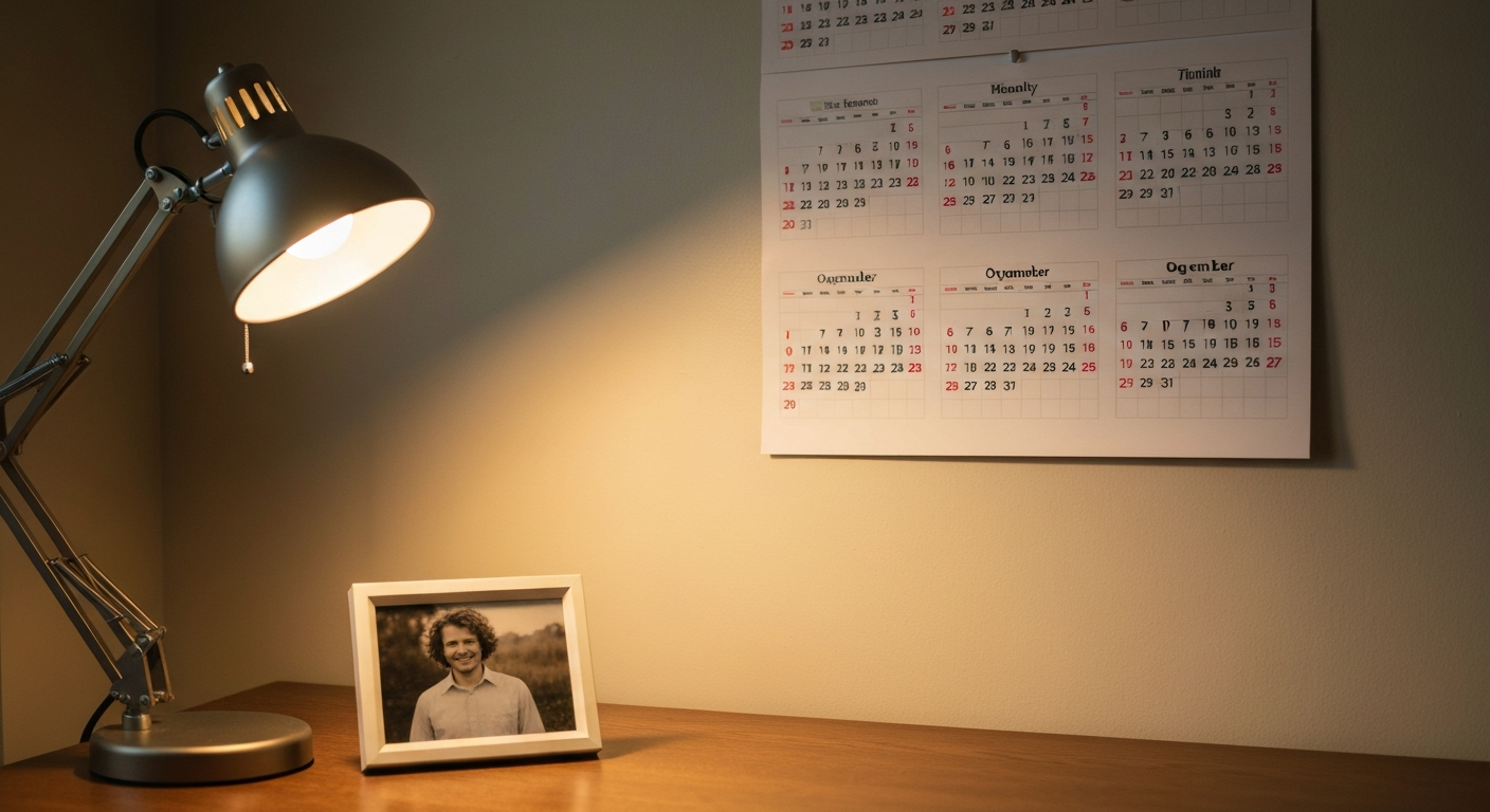 Clean wall calendar on a home-office wall with a warm desk lamp in afternoon light