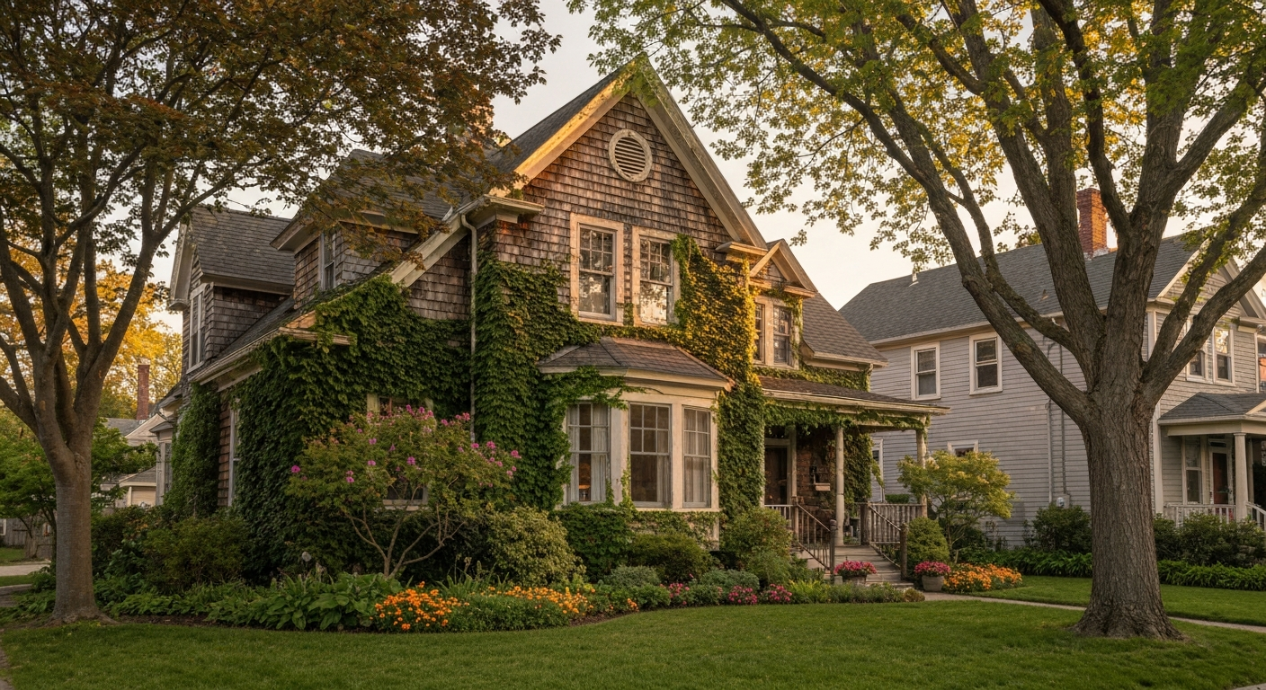 Established Southern single-family rental home with mature landscaping at golden hour