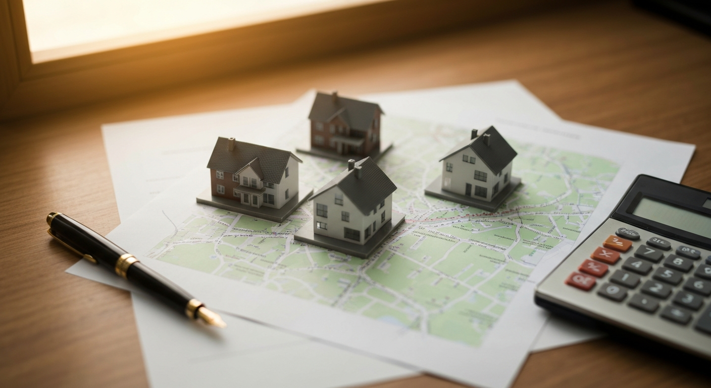 Three small model homes placed on different areas of a printed area map on a desk