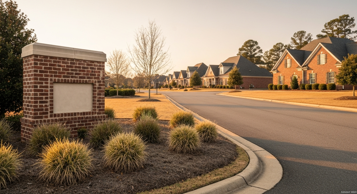Upscale Columbia County Georgia subdivision entrance with brick monument and curving road