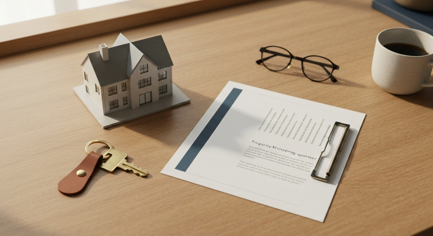 Owner's desk with property management documents, a brass key, and a small model home