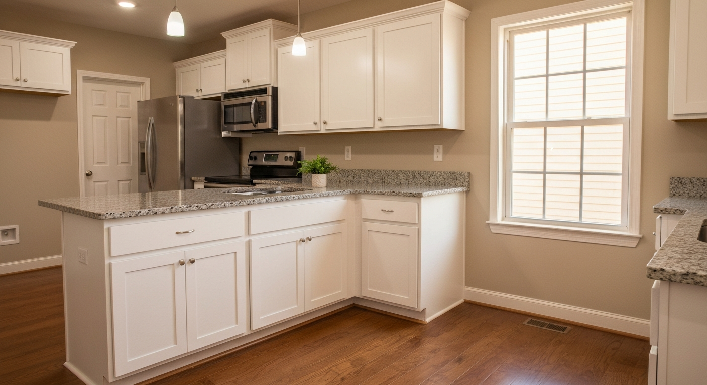 Move-in-ready rental kitchen interior with hardwood floors and warm natural light