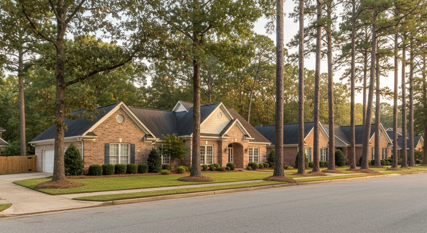 Well-maintained brick ranch home on a tree-lined Augusta GA residential street at golden hour